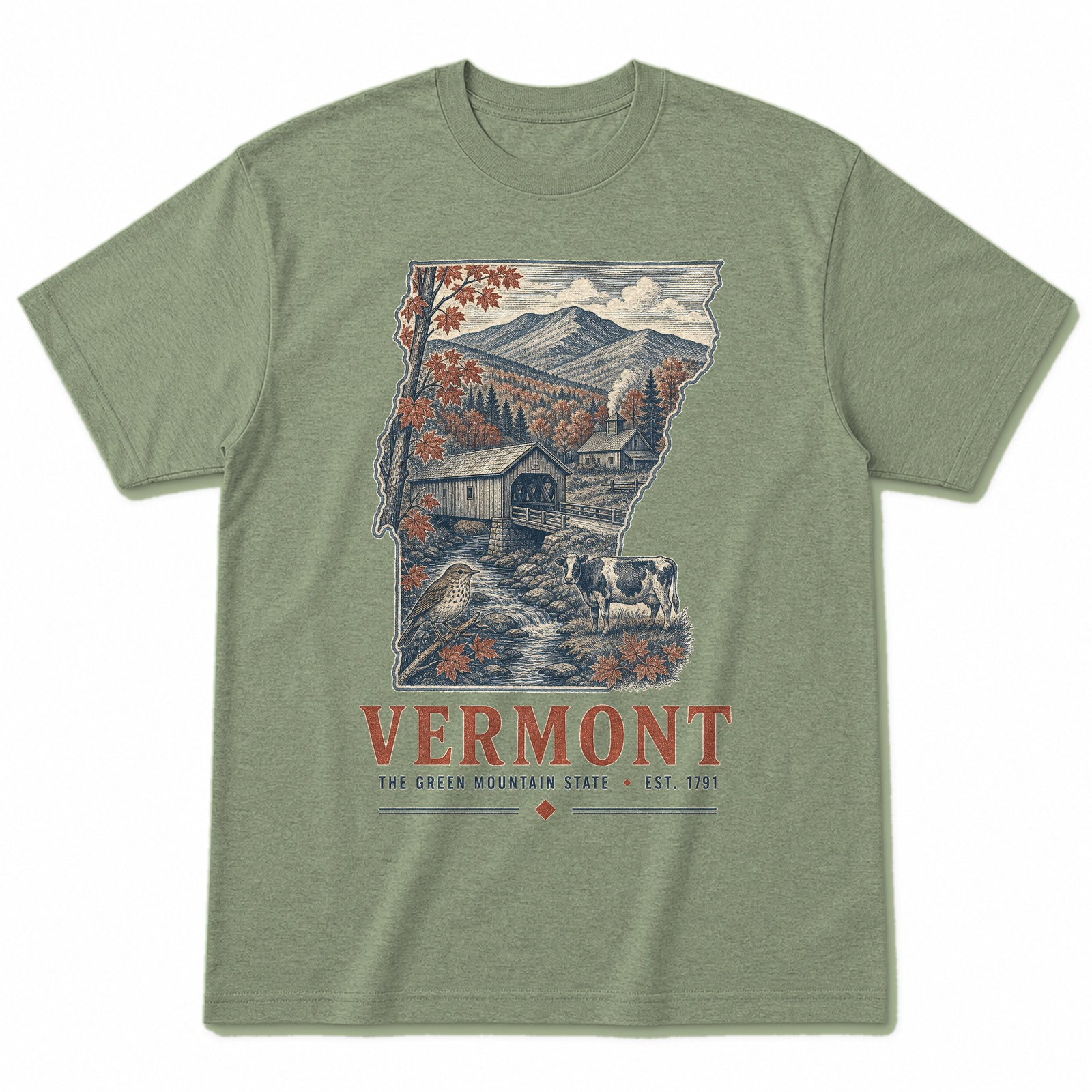Vintage Vermont State Graphic T-Shirt in Light Sage Green, front view on a white background