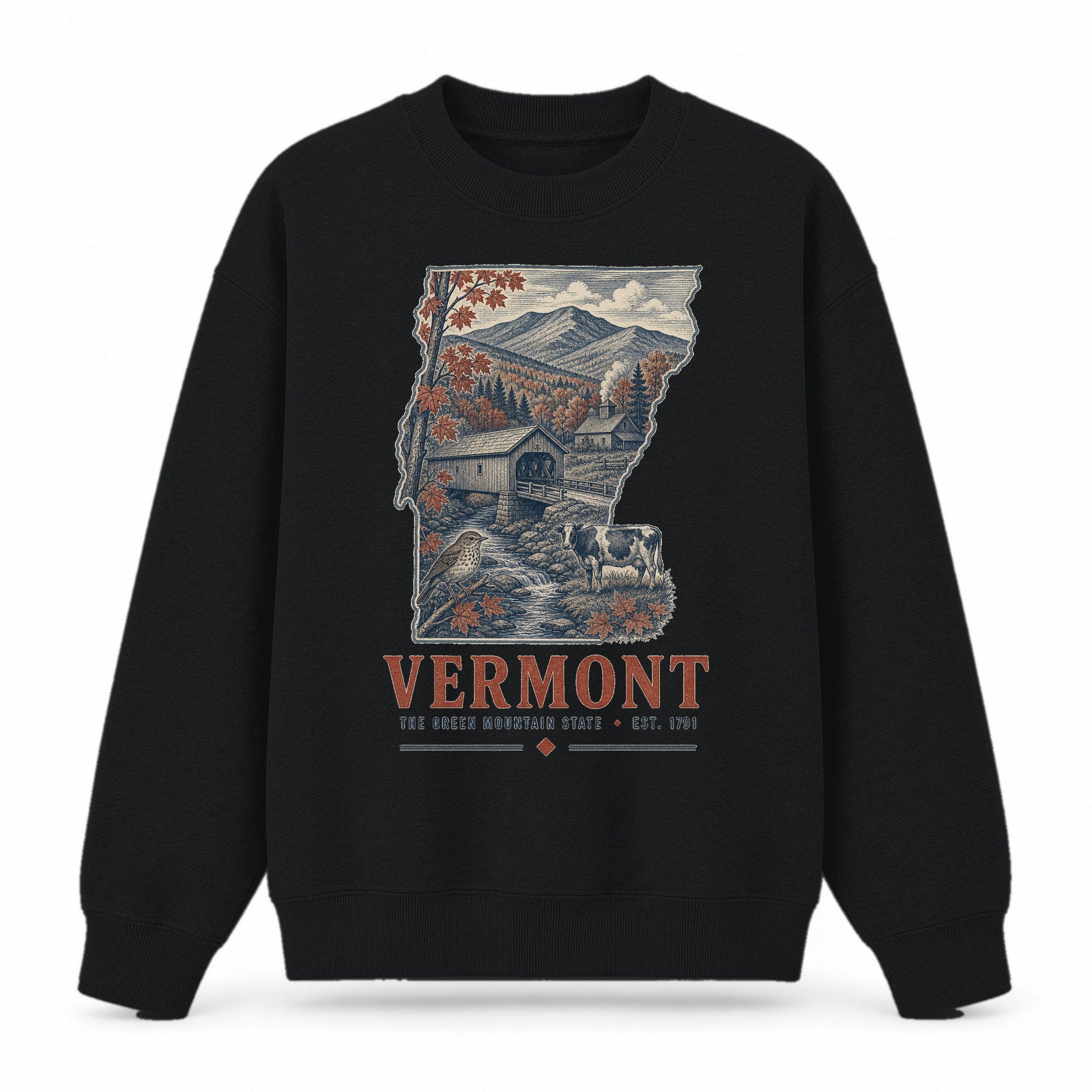 Vintage Vermont State Graphic Crewneck Sweatshirt in Black, front view on a white background