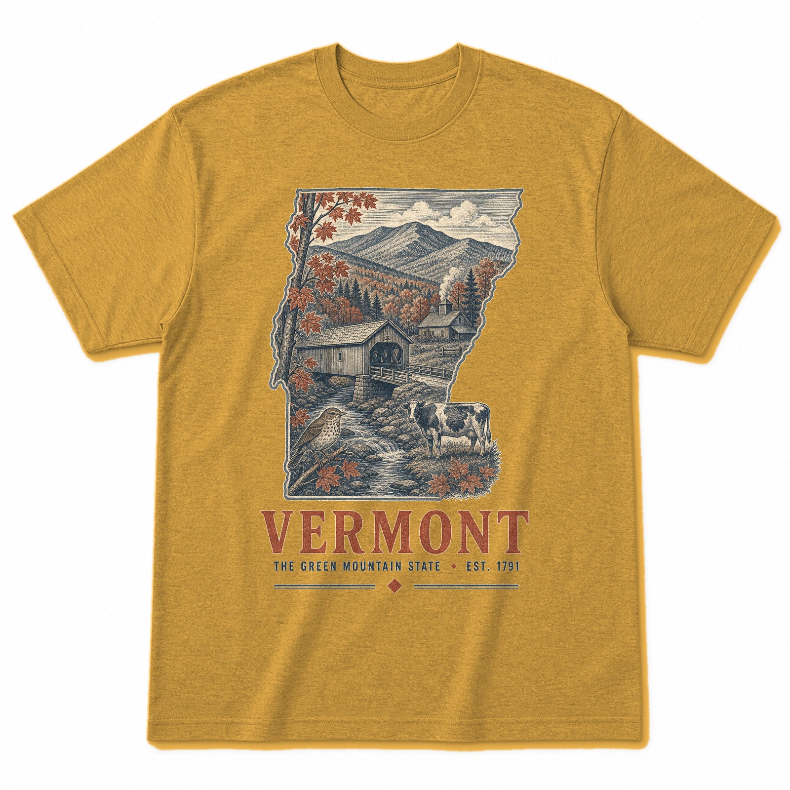 Vintage Vermont State Graphic T-Shirt in Vintage Mustard Yellow, front view on a white background