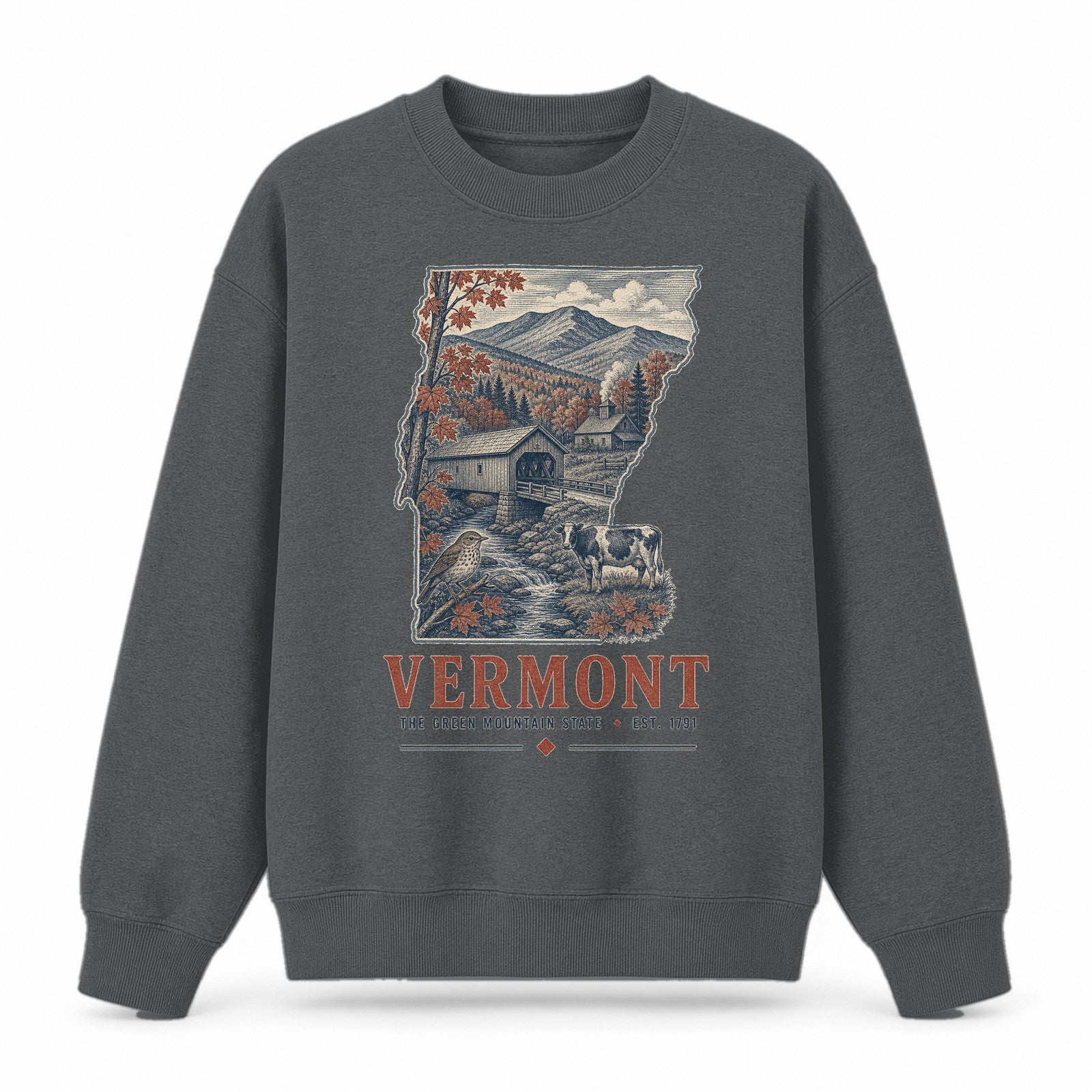 Vintage Vermont State Graphic Crewneck Sweatshirt in Dark Gray, front view on a white background
