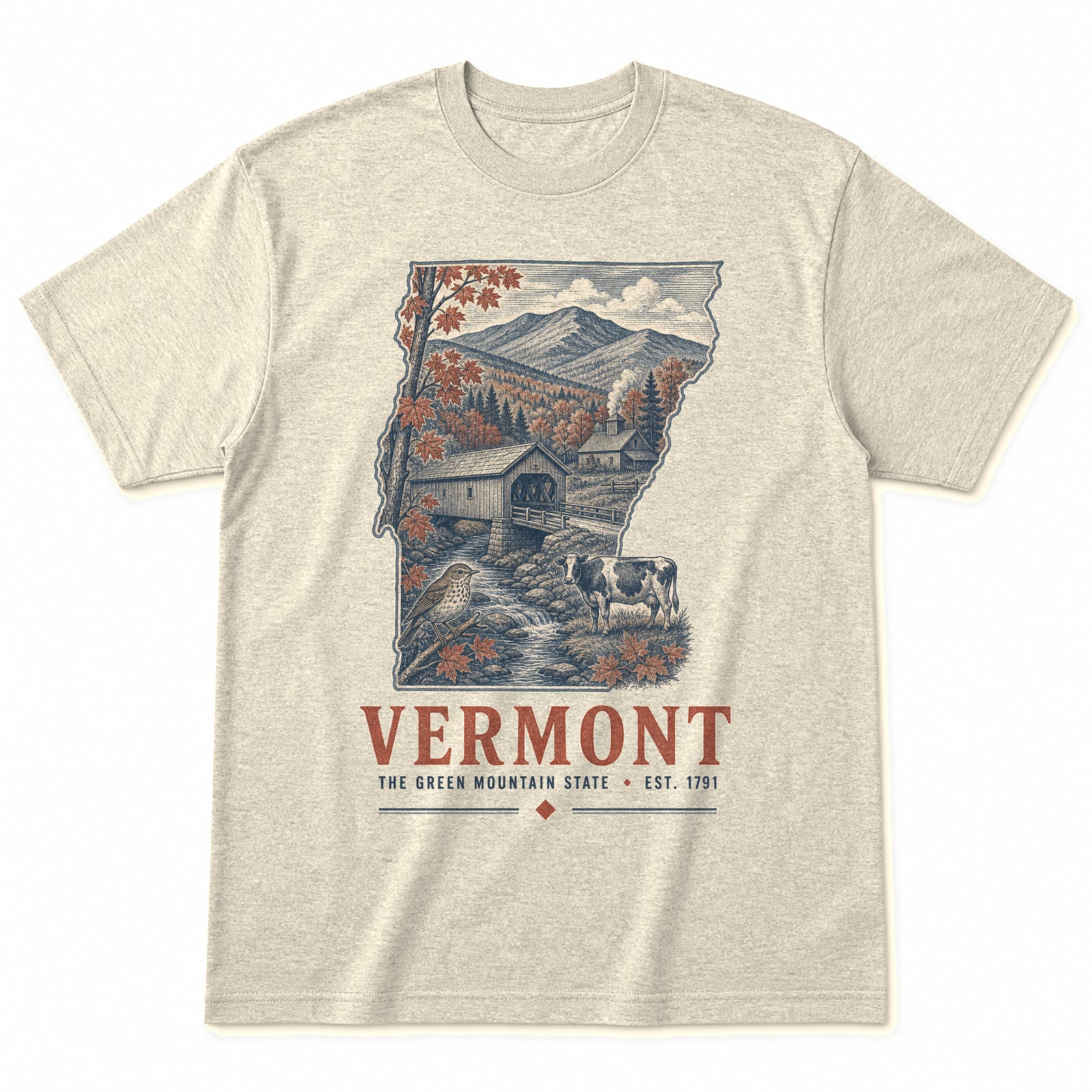 Vintage Vermont State Graphic T-Shirt in Natural Cream, front view on a white background