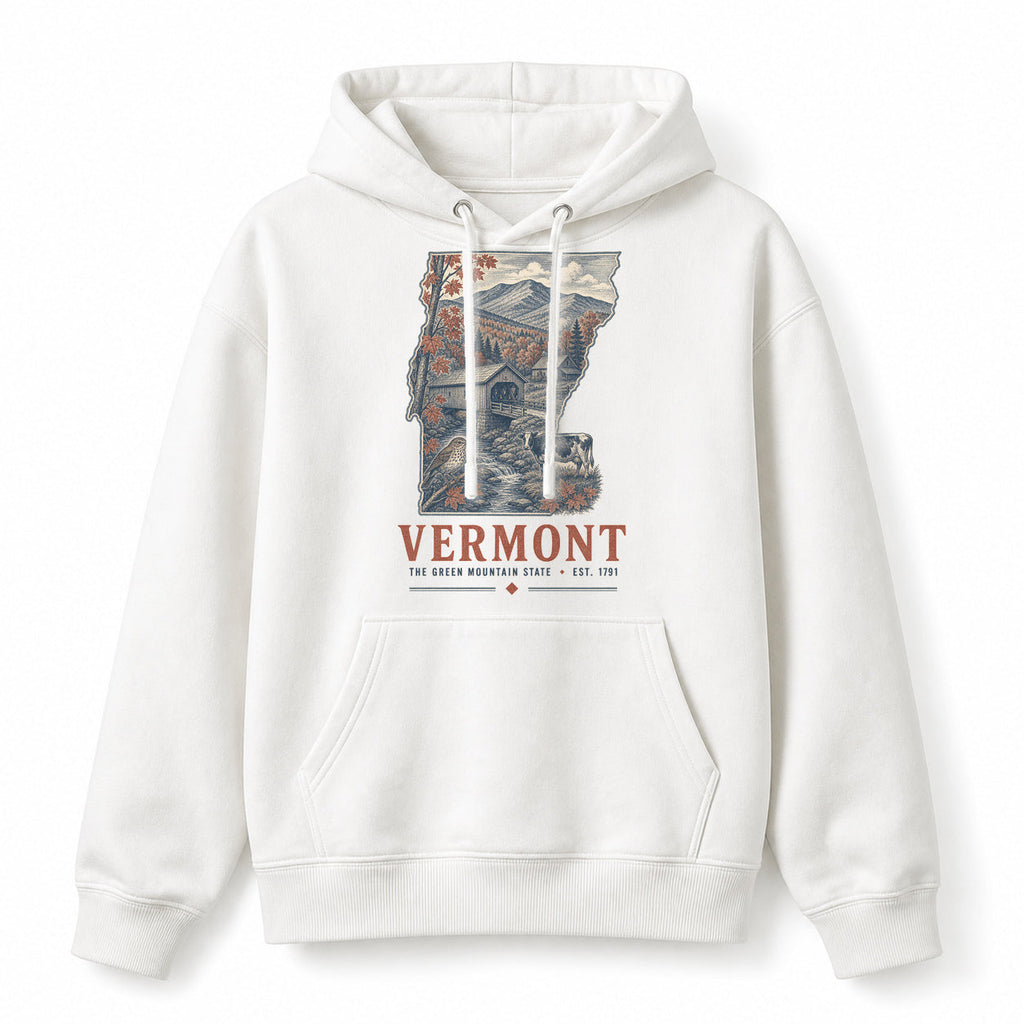 Vintage Vermont State Graphic Pullover Hoodie in White, front view on a white background