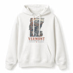 Vintage Vermont State Graphic Pullover Hoodie in White, front view on a white background