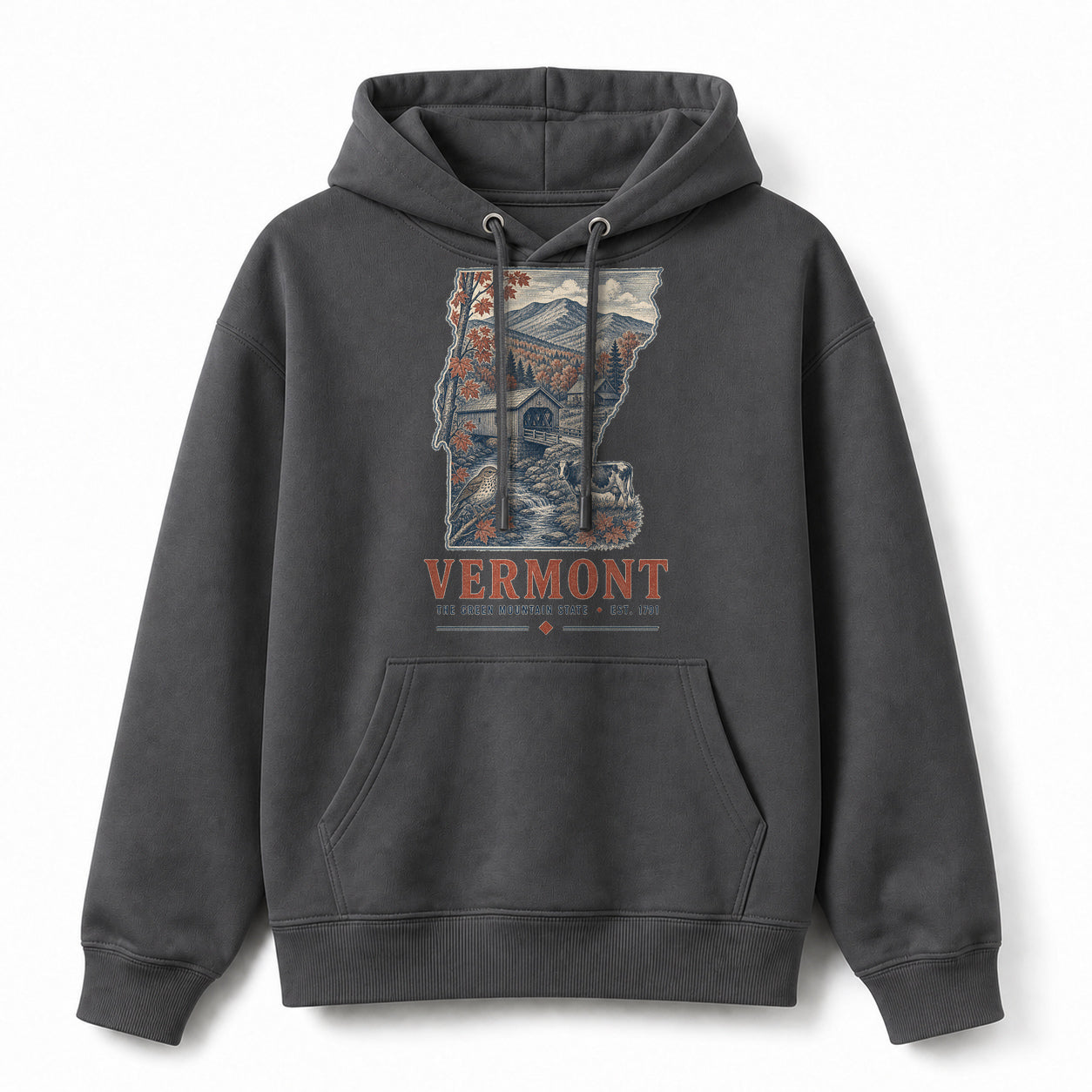 Vintage Vermont State Graphic Pullover Hoodie in Dark Gray, front view on a white background