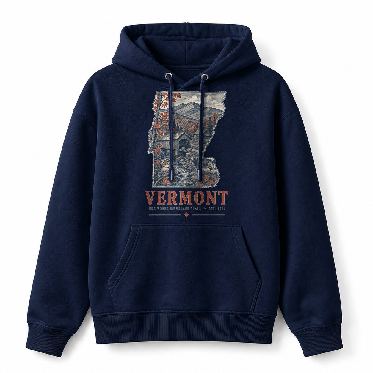 Vintage Vermont State Graphic Pullover Hoodie in Navy, front view on a white background