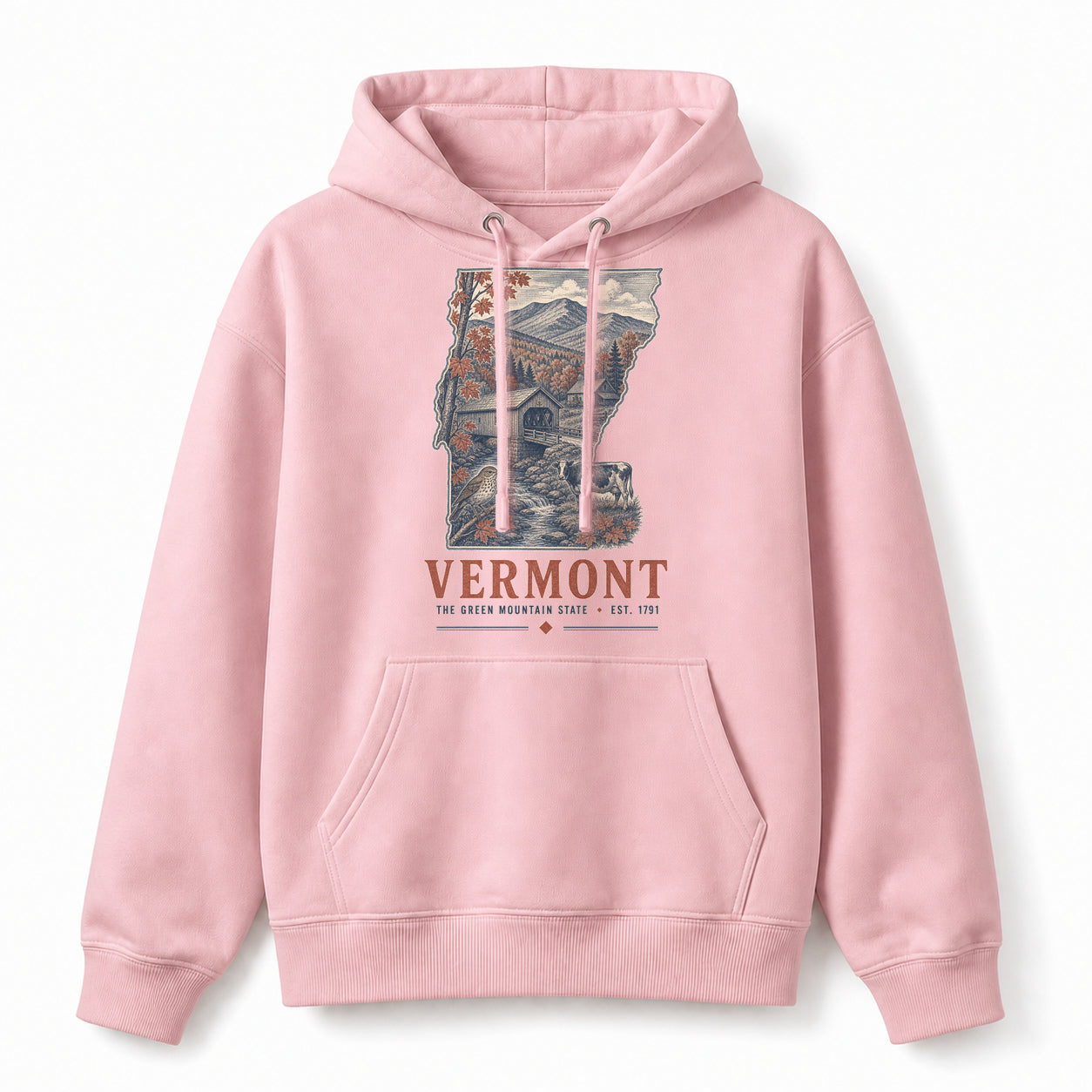 Vintage Vermont State Graphic Pullover Hoodie in Light Pink, front view on a white background