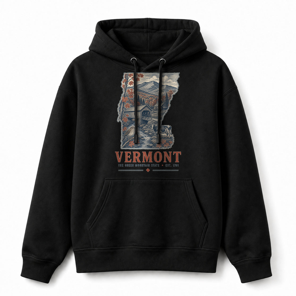 Vintage Vermont State Graphic Pullover Hoodie in Black, front view on a white background