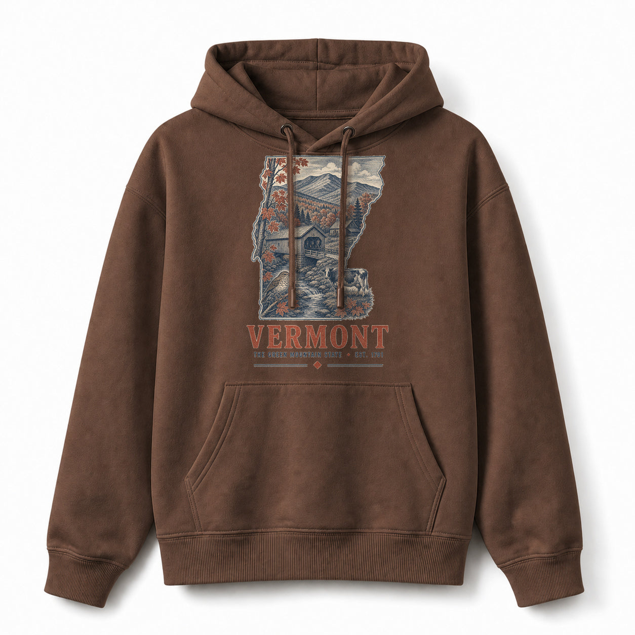 Vintage Vermont State Graphic Pullover Hoodie in Coffee Brown, front view on a white background