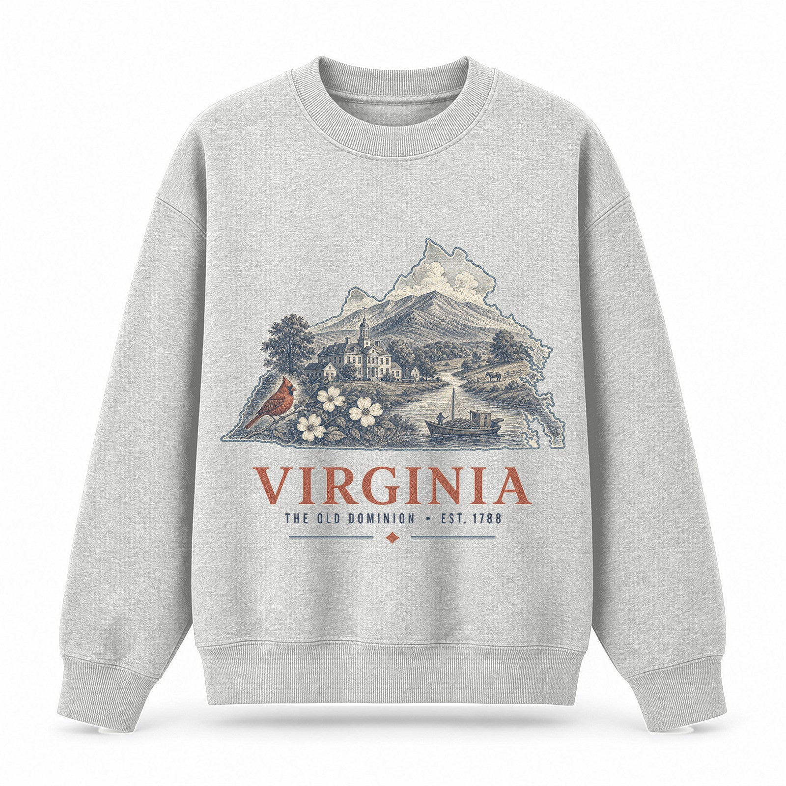 Vintage Virginia State Graphic Crewneck Sweatshirt in Light Gray, front view on a white background