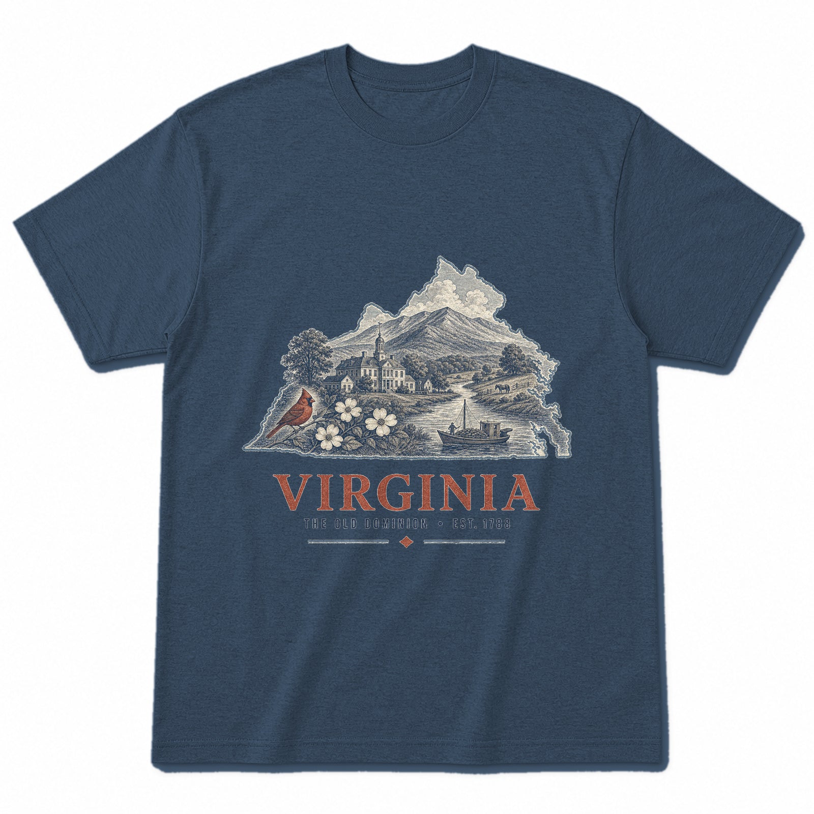 Vintage Virginia State Graphic T-Shirt in Washed Navy, front view on a white background