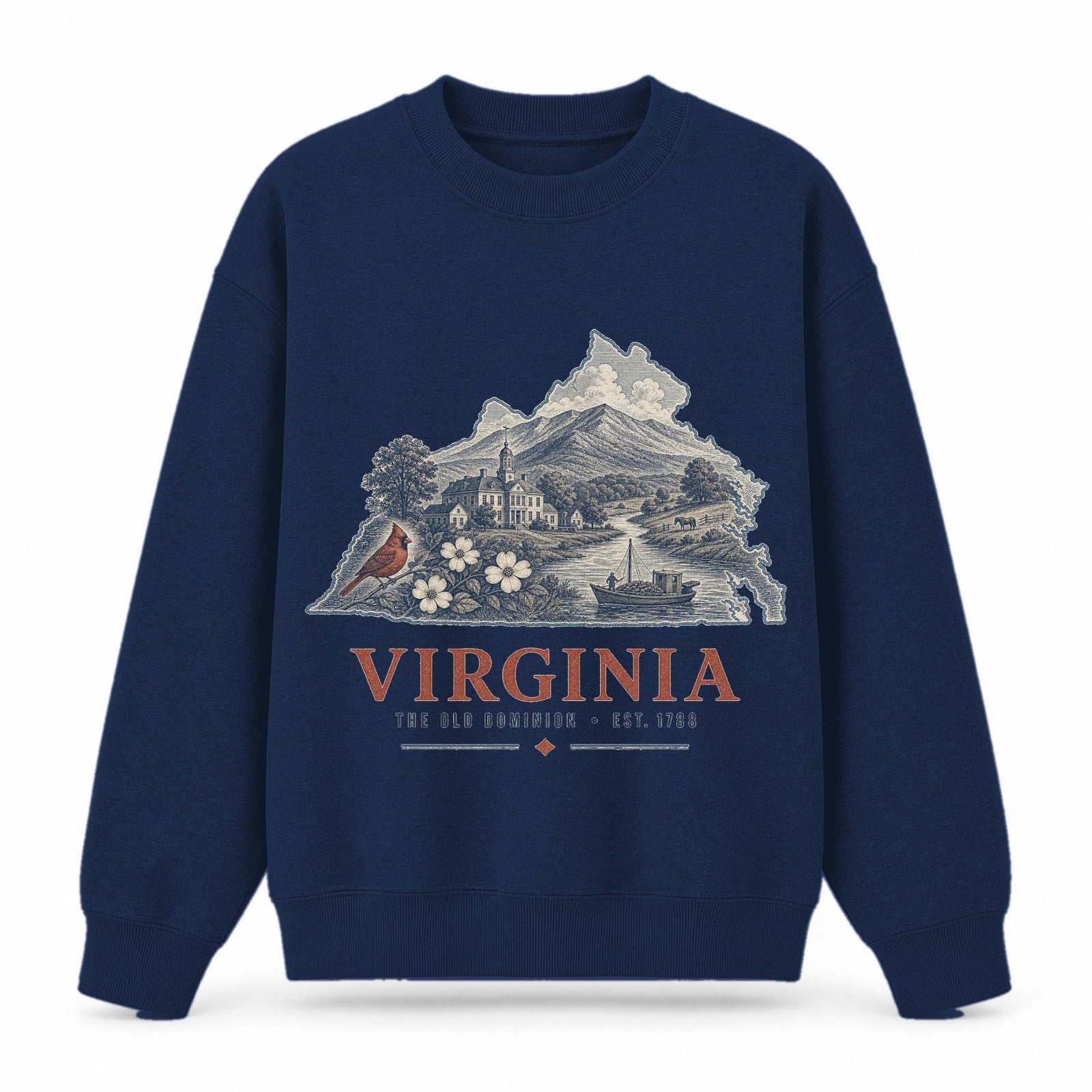 Vintage Virginia State Graphic Crewneck Sweatshirt in Navy, front view on a white background