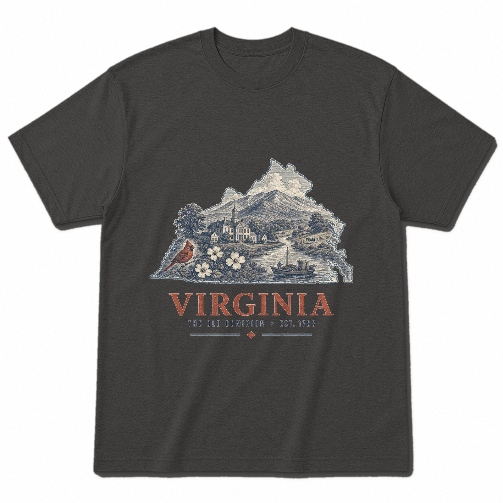Vintage Virginia State Graphic T-Shirt in Vintage Charcoal, front view on a white background