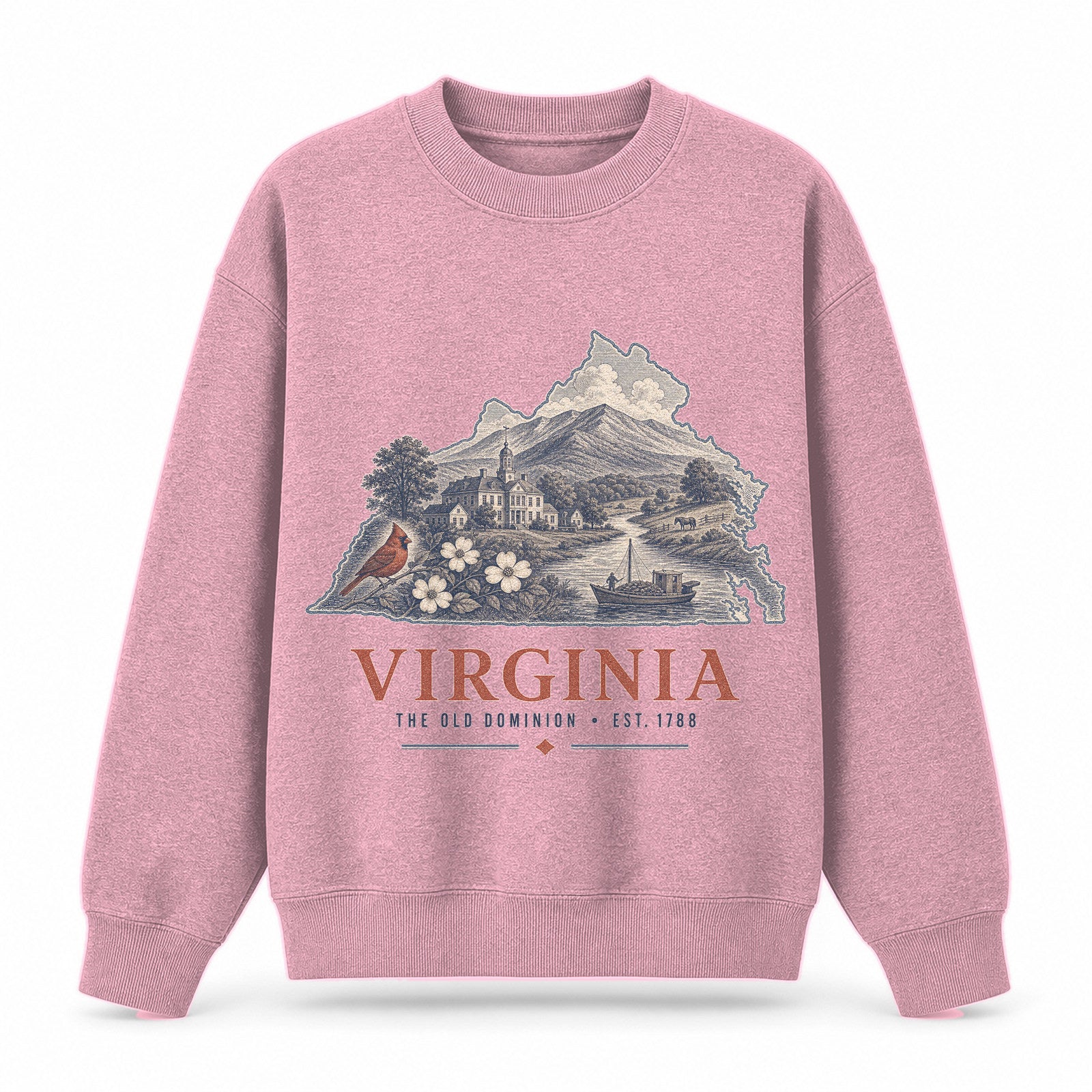 Vintage Virginia State Graphic Crewneck Sweatshirt in Pink, front view on a white background