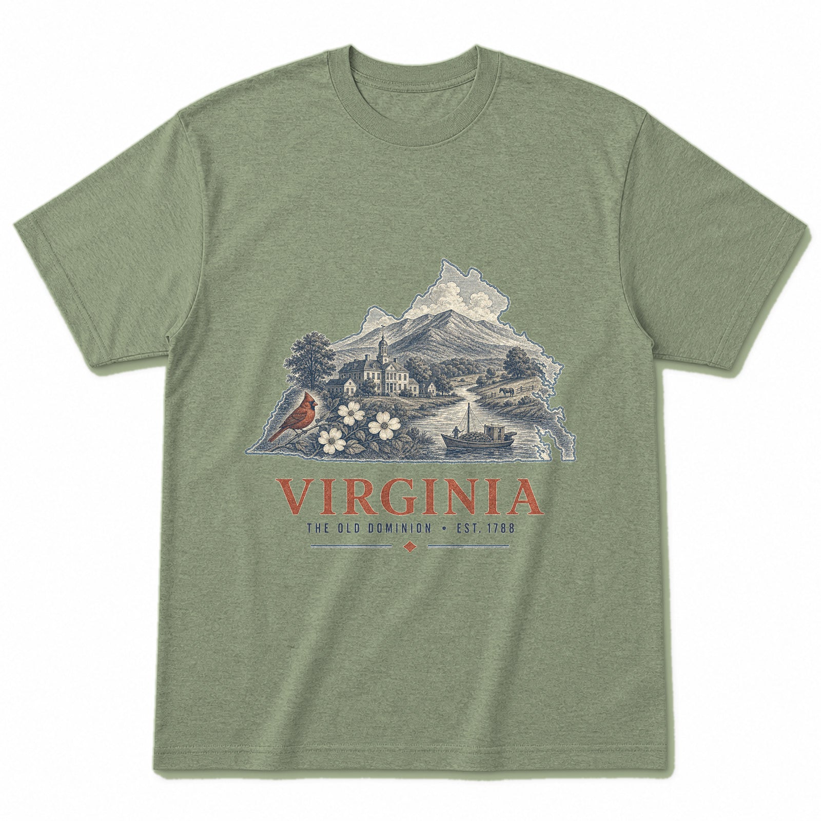 Vintage Virginia State Graphic T-Shirt in Light Sage Green, front view on a white background