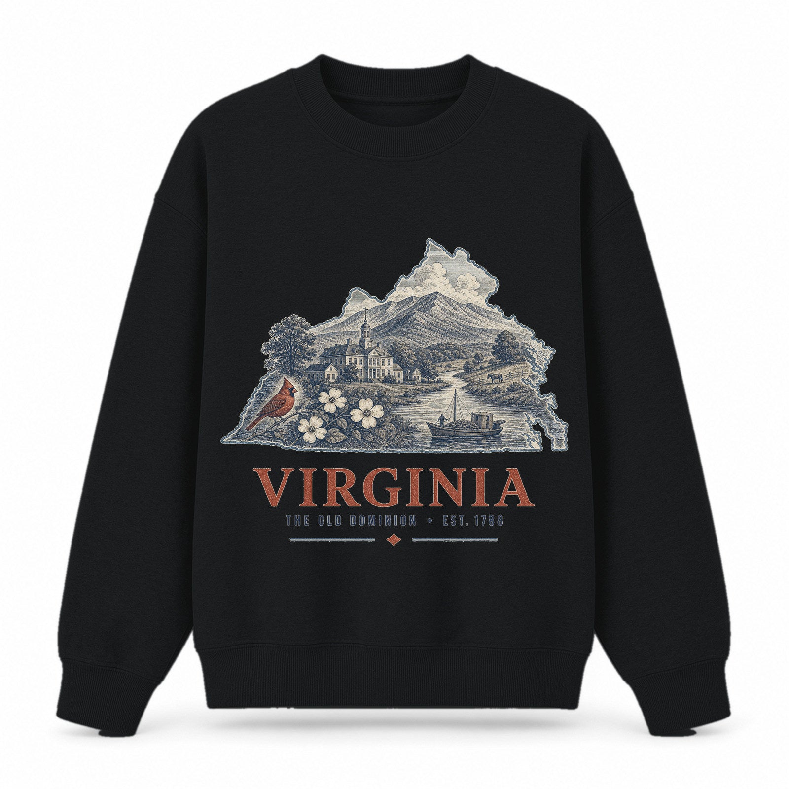 Vintage Virginia State Graphic Crewneck Sweatshirt in Black, front view on a white background