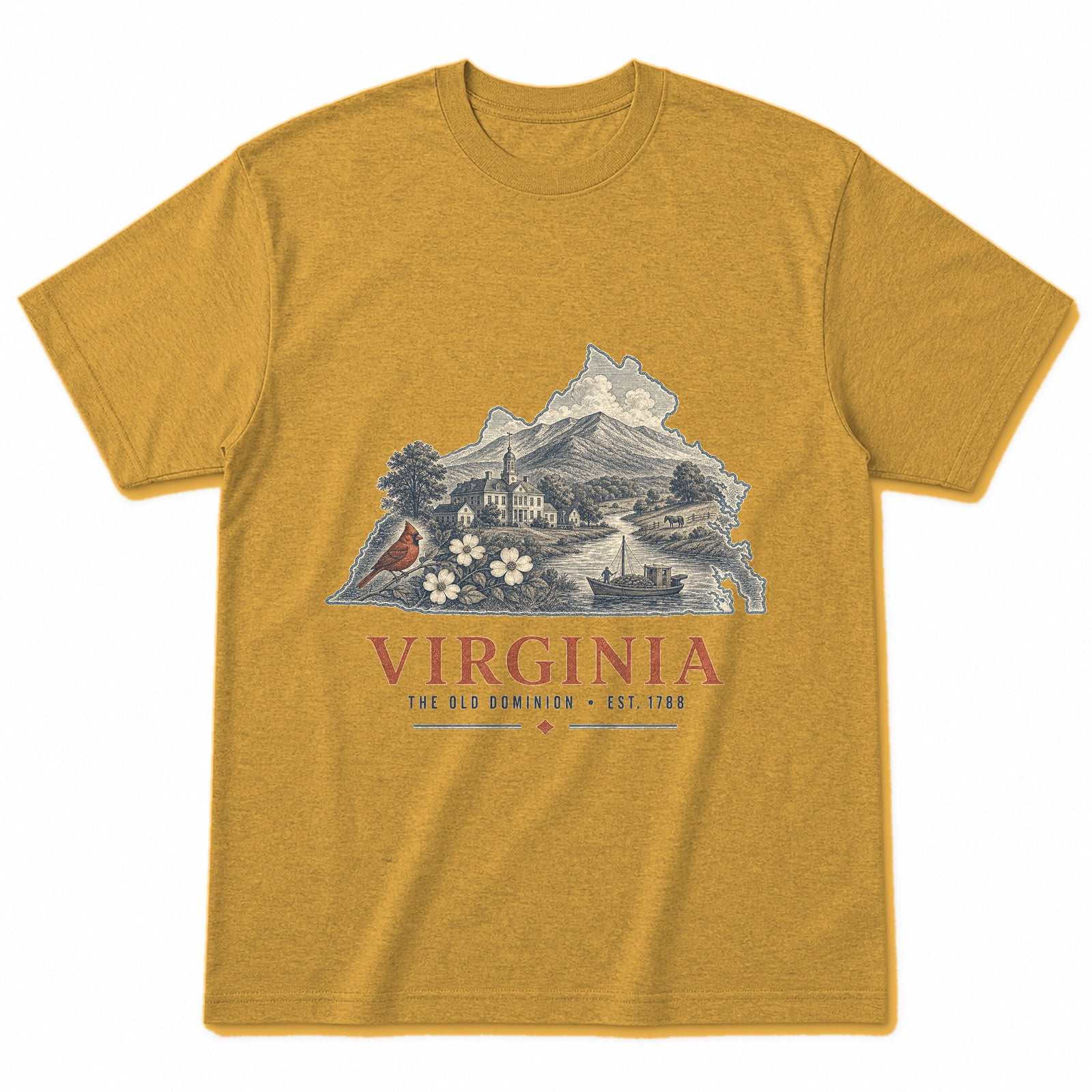 Vintage Virginia State Graphic T-Shirt in Vintage Mustard Yellow, front view on a white background
