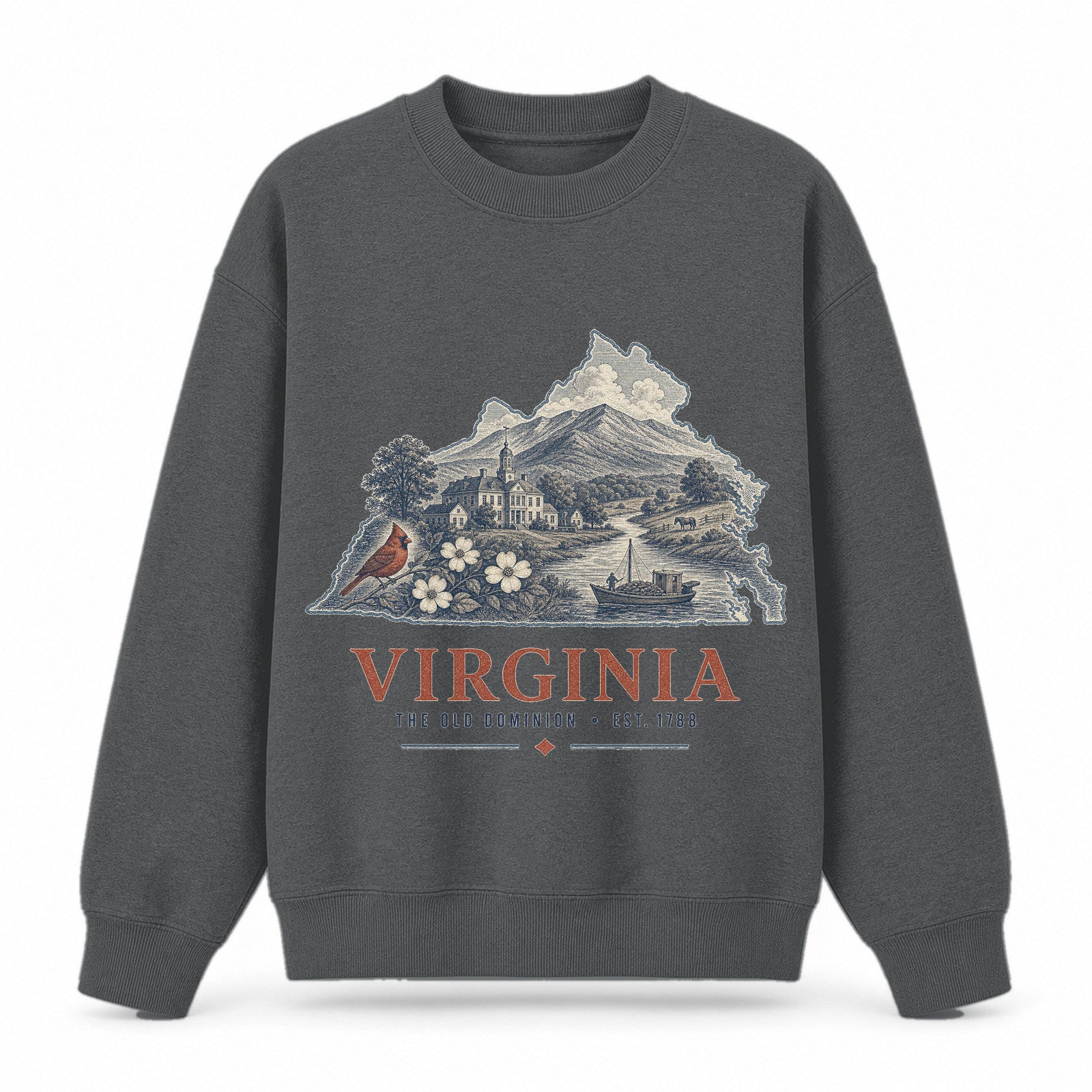 Vintage Virginia State Graphic Crewneck Sweatshirt in Dark Gray, front view on a white background