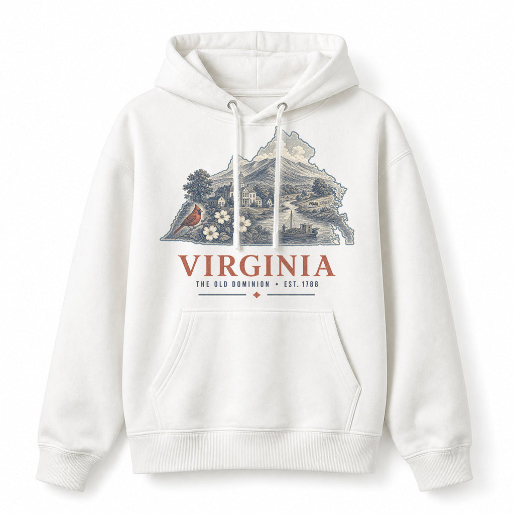 Vintage Virginia State Graphic Pullover Hoodie in White, front view on a white background