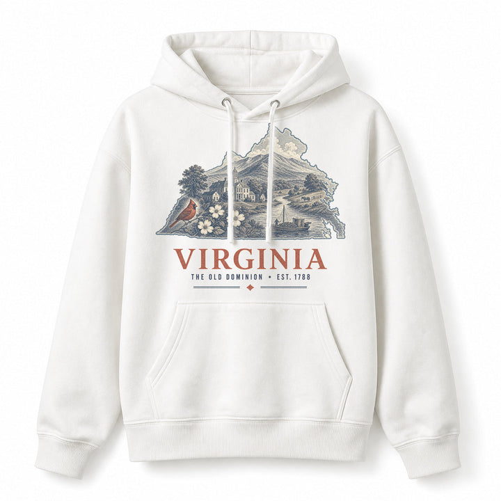 Vintage Virginia State Graphic Pullover Hoodie in White, front view on a white background