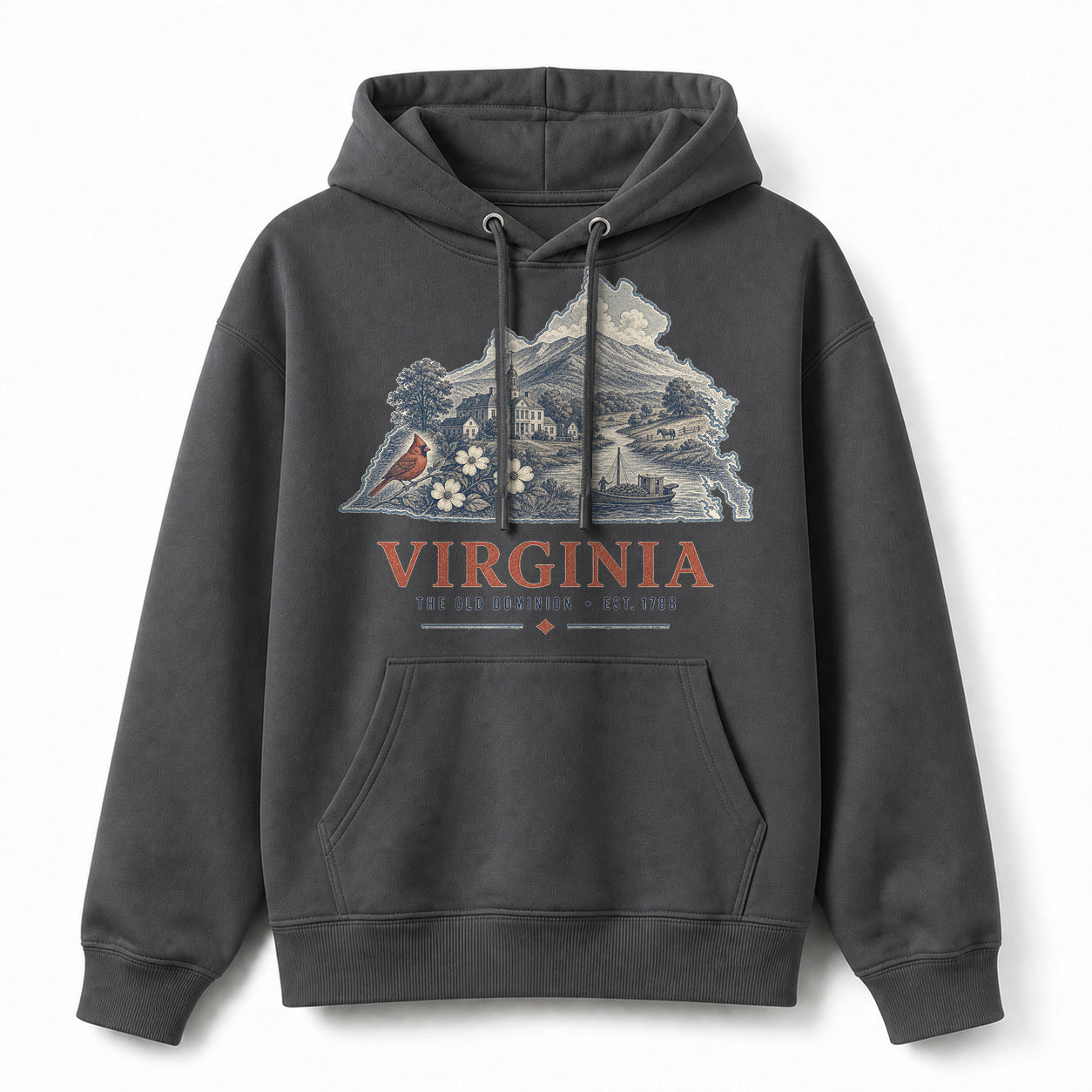 Vintage Virginia State Graphic Pullover Hoodie in Dark Gray, front view on a white background