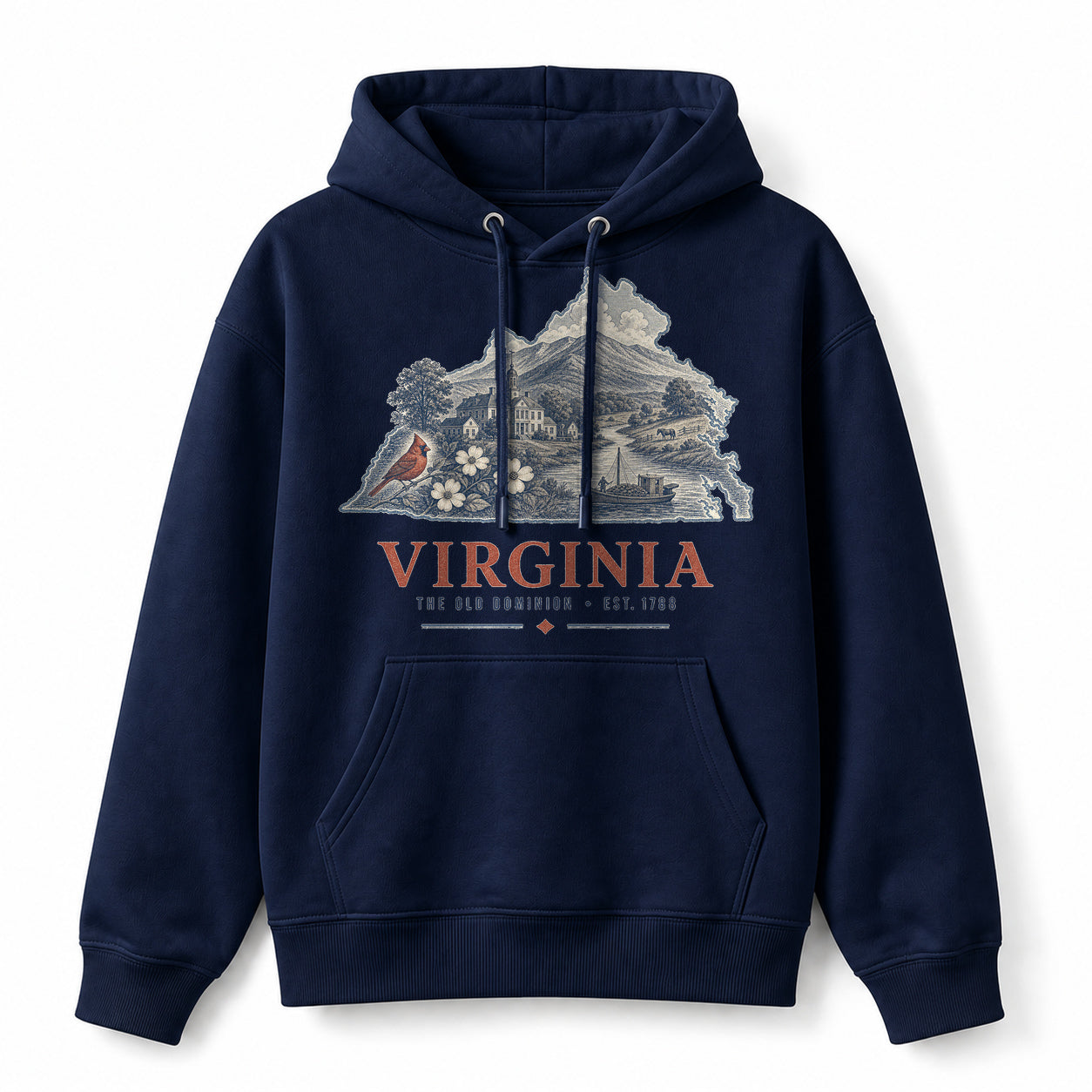 Vintage Virginia State Graphic Pullover Hoodie in Navy, front view on a white background