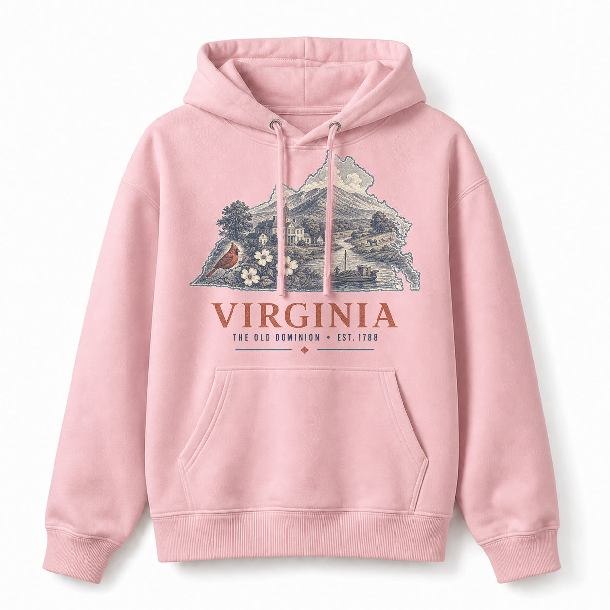 Vintage Virginia State Graphic Pullover Hoodie in Light Pink, front view on a white background