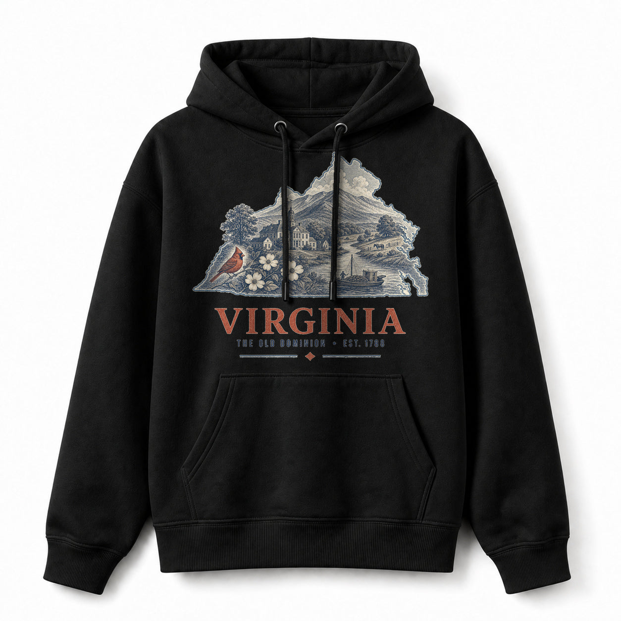 Vintage Virginia State Graphic Pullover Hoodie in Black, front view on a white background