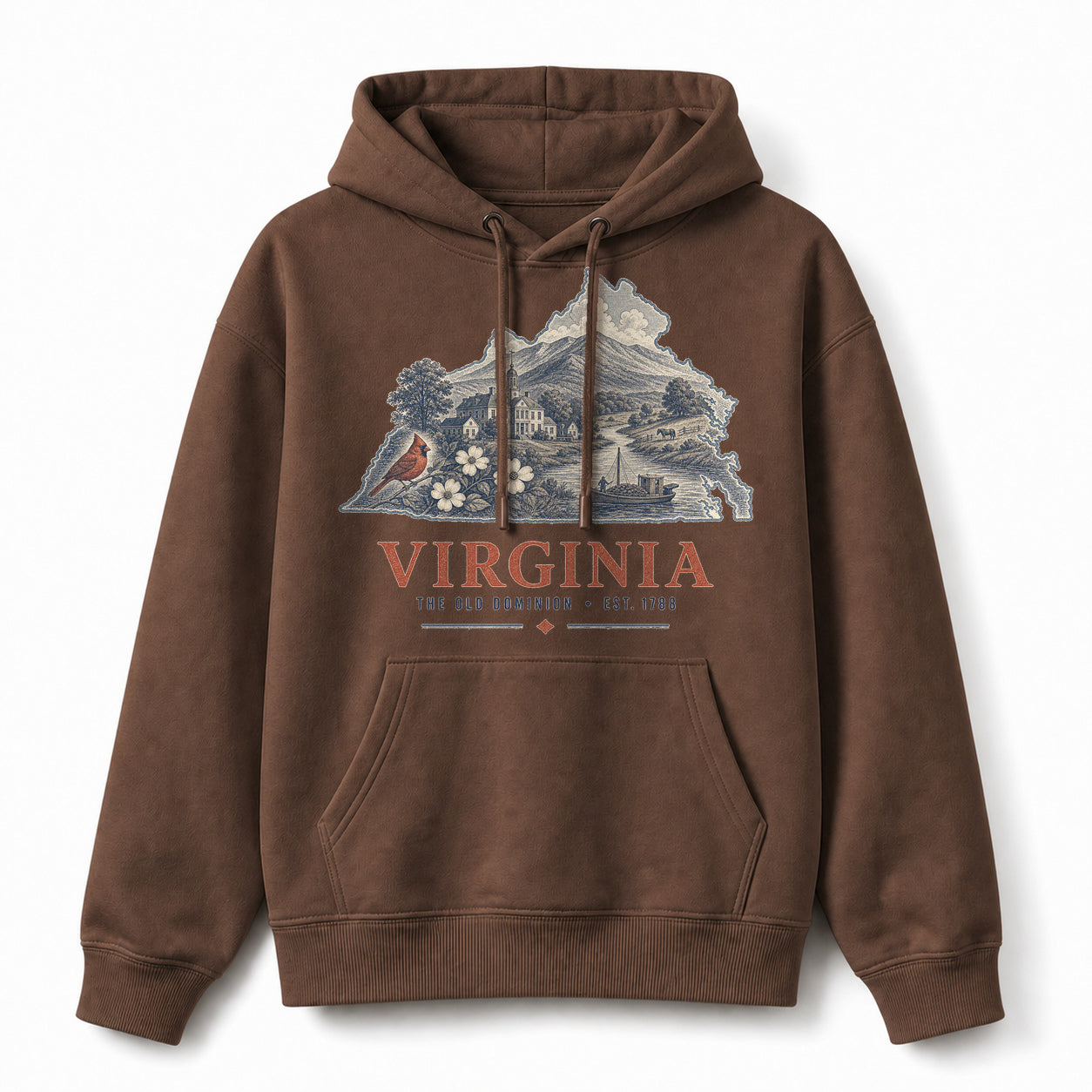 Vintage Virginia State Graphic Pullover Hoodie in Coffee Brown, front view on a white background