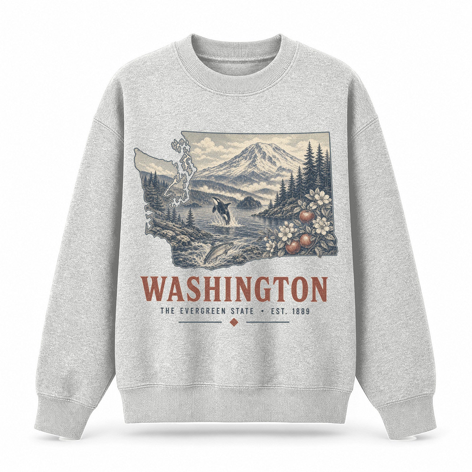 Vintage Washington State Graphic Crewneck Sweatshirt in Light Gray, front view on a white background