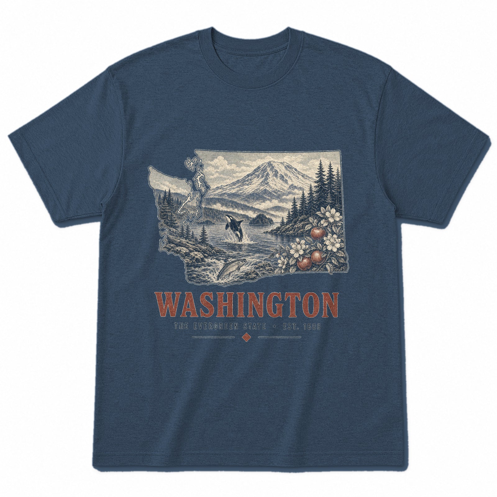 Vintage Washington State Graphic T-Shirt in Washed Navy, front view on a white background