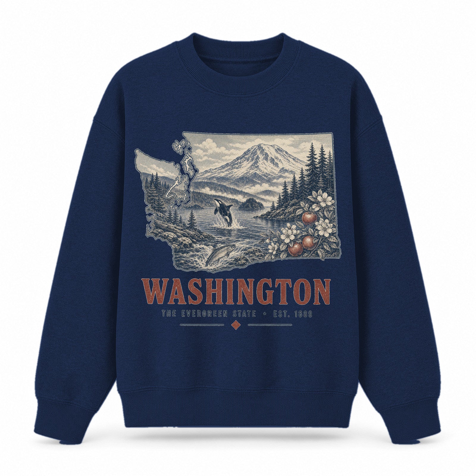 Vintage Washington State Graphic Crewneck Sweatshirt in Navy, front view on a white background