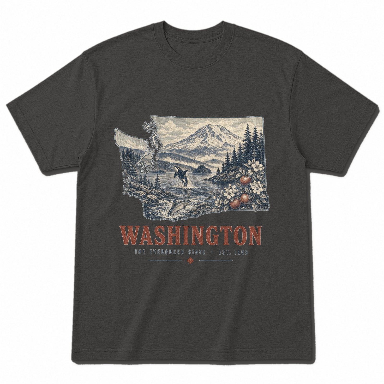 Vintage Washington State Graphic T-Shirt in Vintage Charcoal, front view on a white background