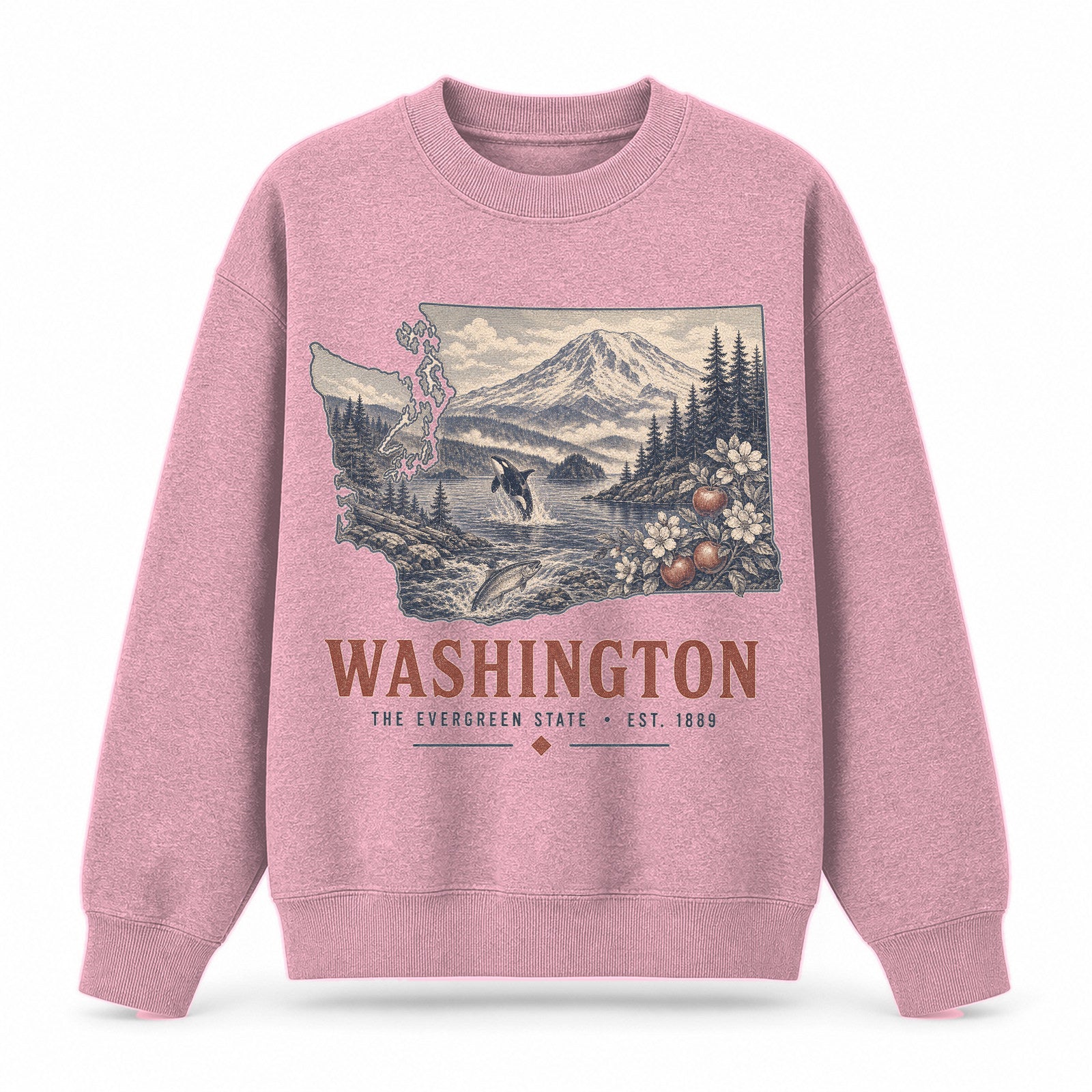 Vintage Washington State Graphic Crewneck Sweatshirt in Pink, front view on a white background