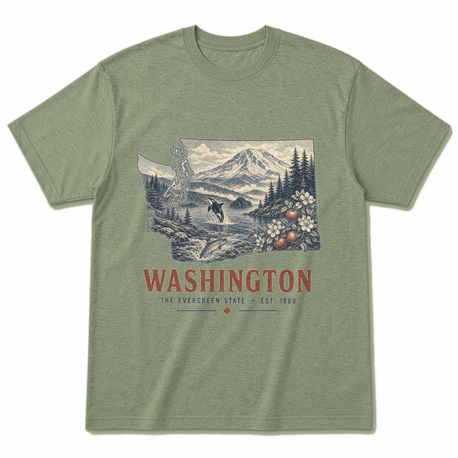 Vintage Washington State Graphic T-Shirt in Light Sage Green, front view on a white background
