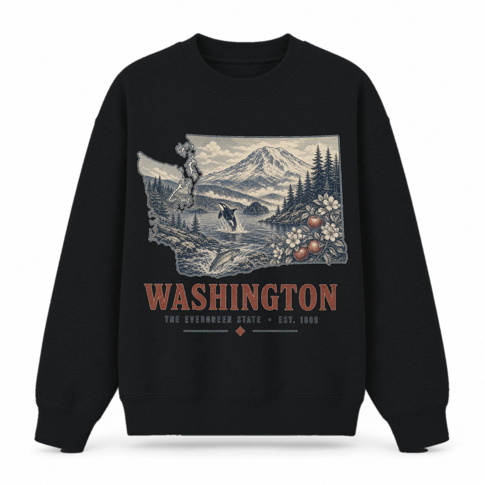 Vintage Washington State Graphic Crewneck Sweatshirt in Black, front view on a white background