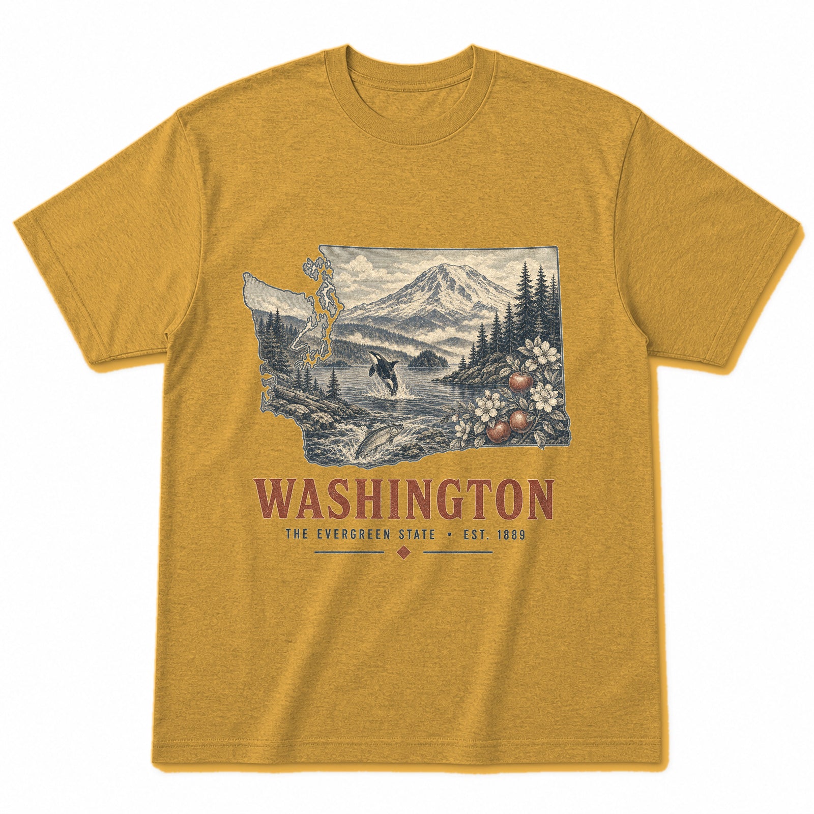 Vintage Washington State Graphic T-Shirt in Vintage Mustard Yellow, front view on a white background