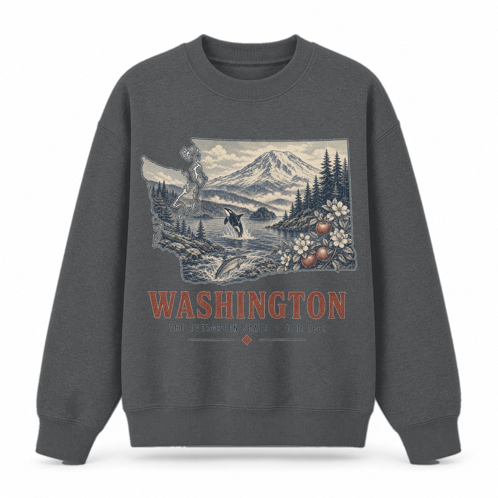 Vintage Washington State Graphic Crewneck Sweatshirt in Dark Gray, front view on a white background