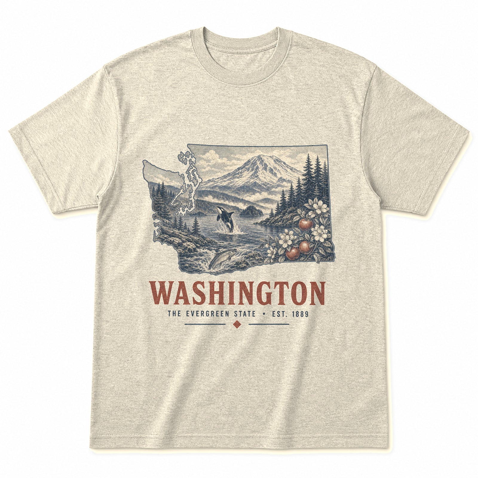 Vintage Washington State Graphic T-Shirt in Natural Cream, front view on a white background