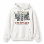 Vintage Washington State Graphic Pullover Hoodie in White, front view on a white background