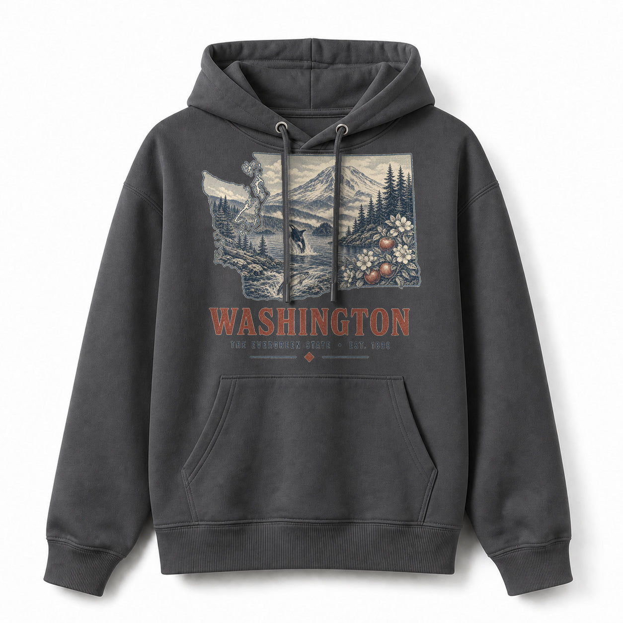 Vintage Washington State Graphic Pullover Hoodie in Dark Gray, front view on a white background