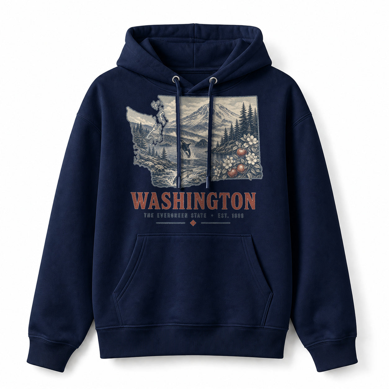 Vintage Washington State Graphic Pullover Hoodie in Navy, front view on a white background