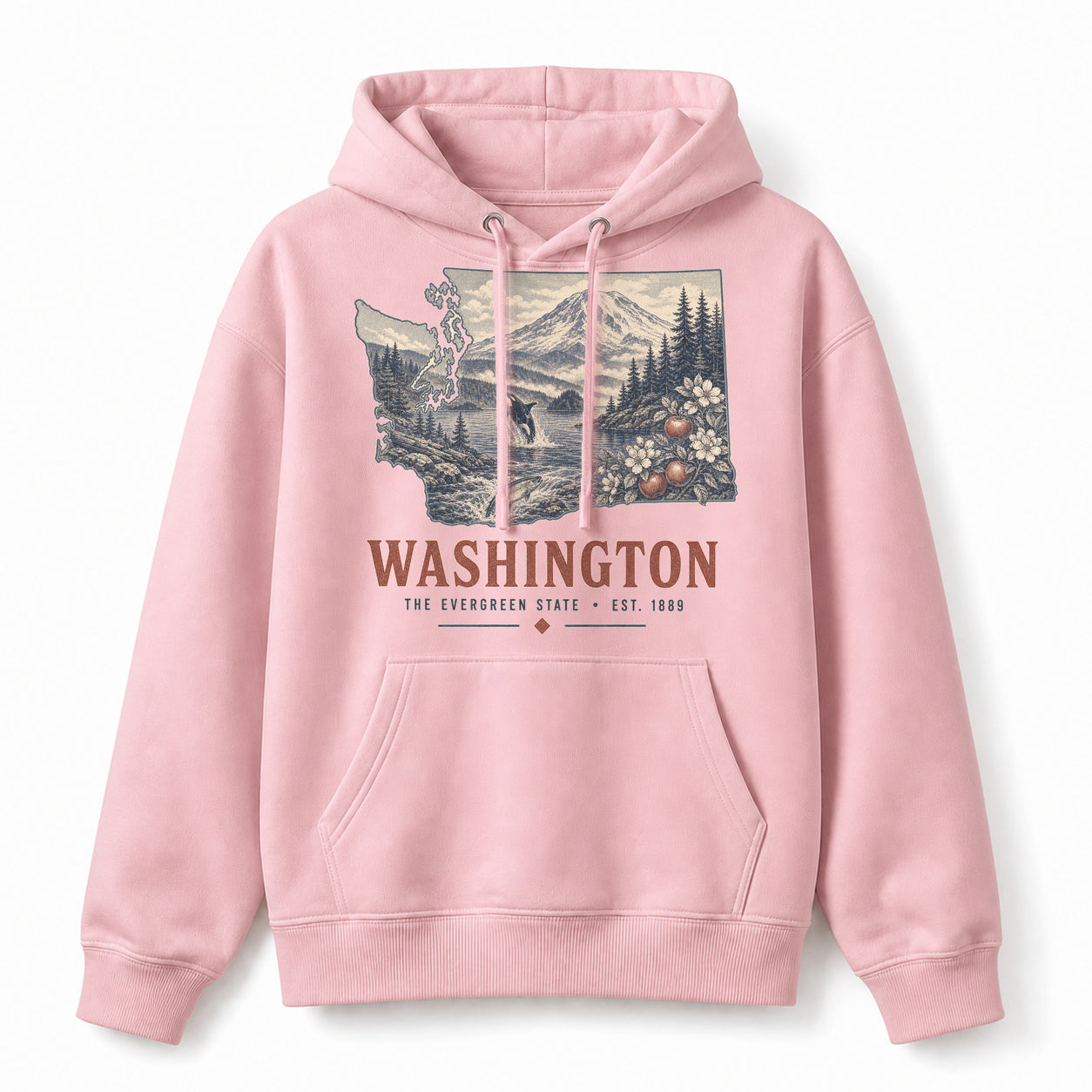 Vintage Washington State Graphic Pullover Hoodie in Light Pink, front view on a white background