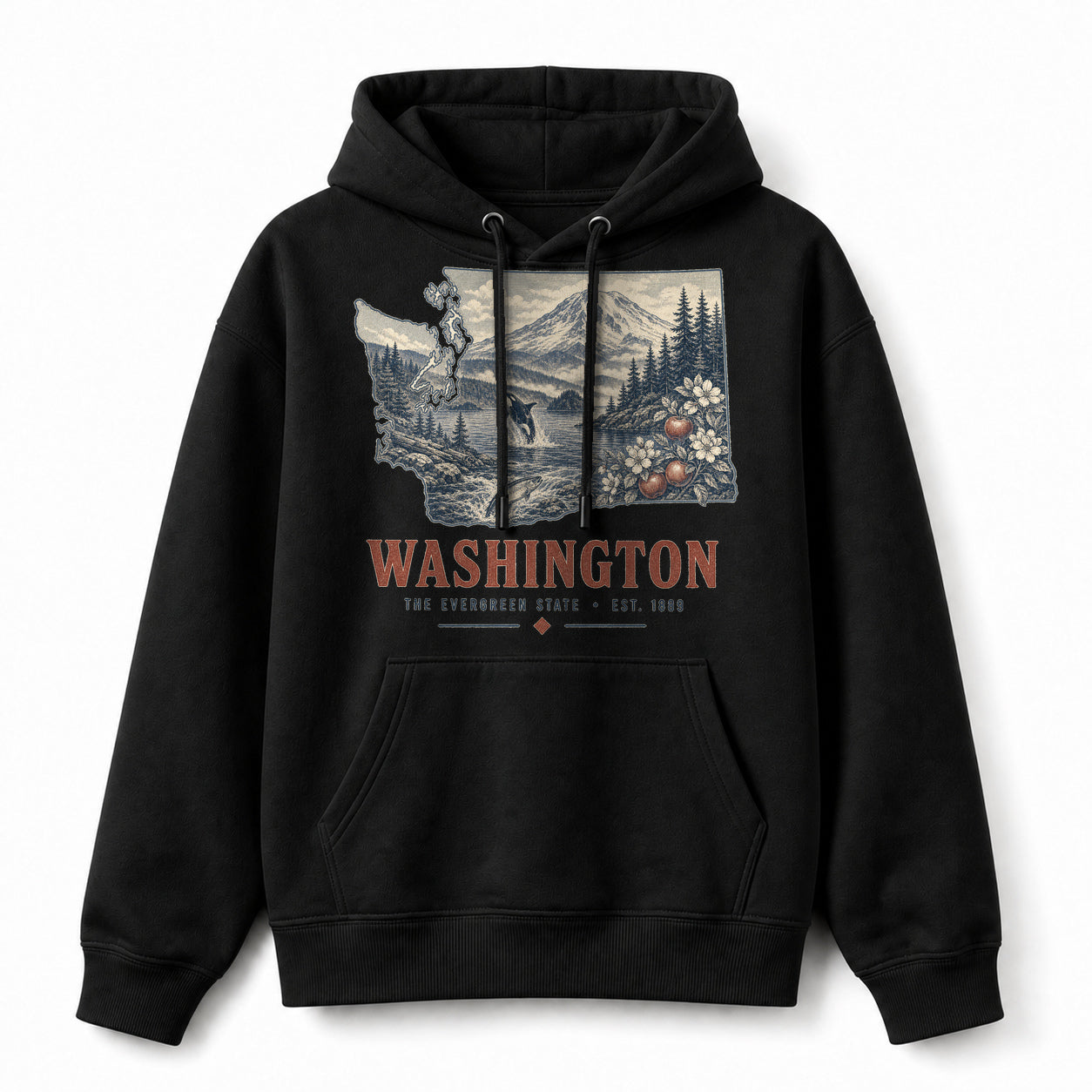Vintage Washington State Graphic Pullover Hoodie in Black, front view on a white background