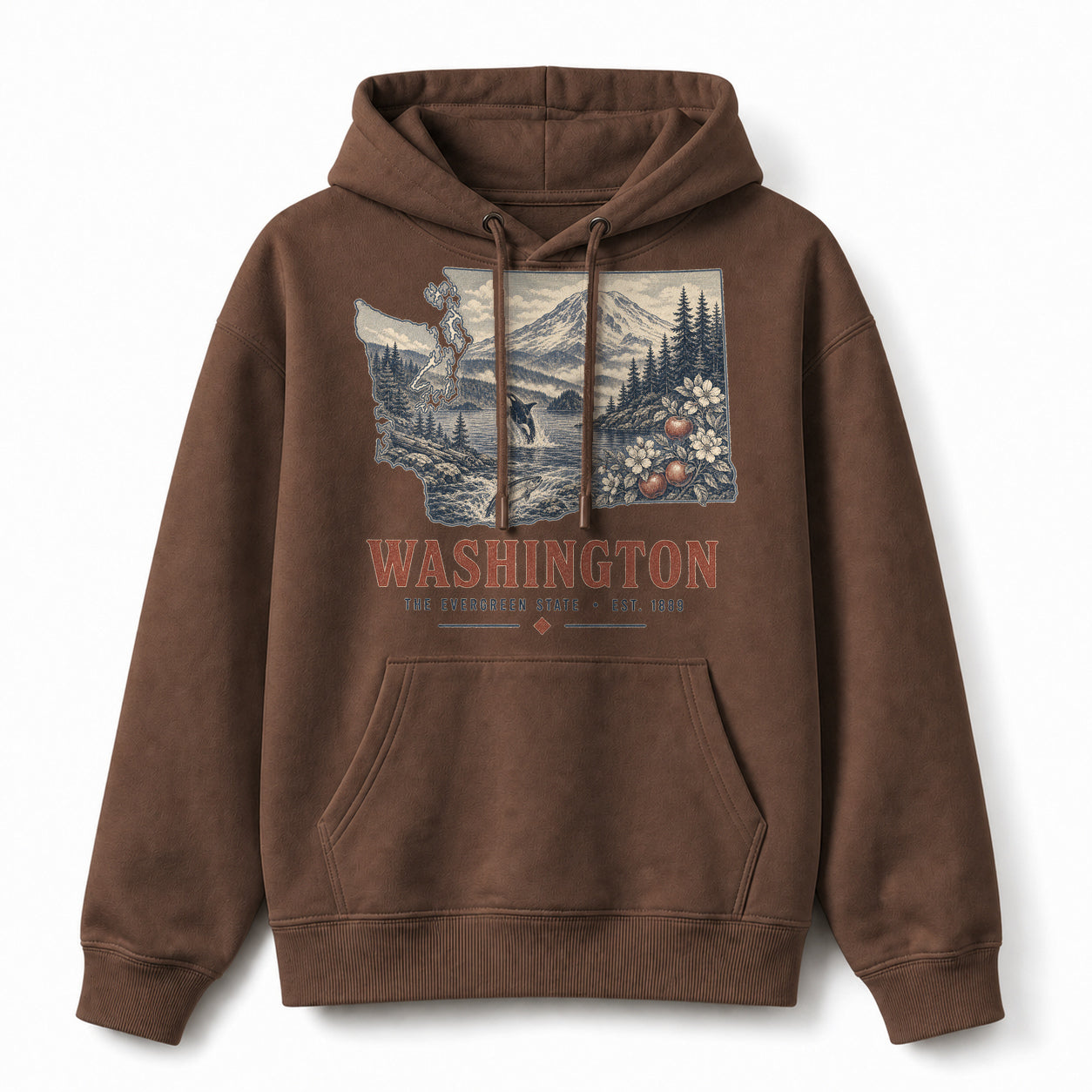Vintage Washington State Graphic Pullover Hoodie in Coffee Brown, front view on a white background
