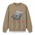 Vintage West Virginia State Graphic Crewneck Sweatshirt in Khaki, front view on a white background