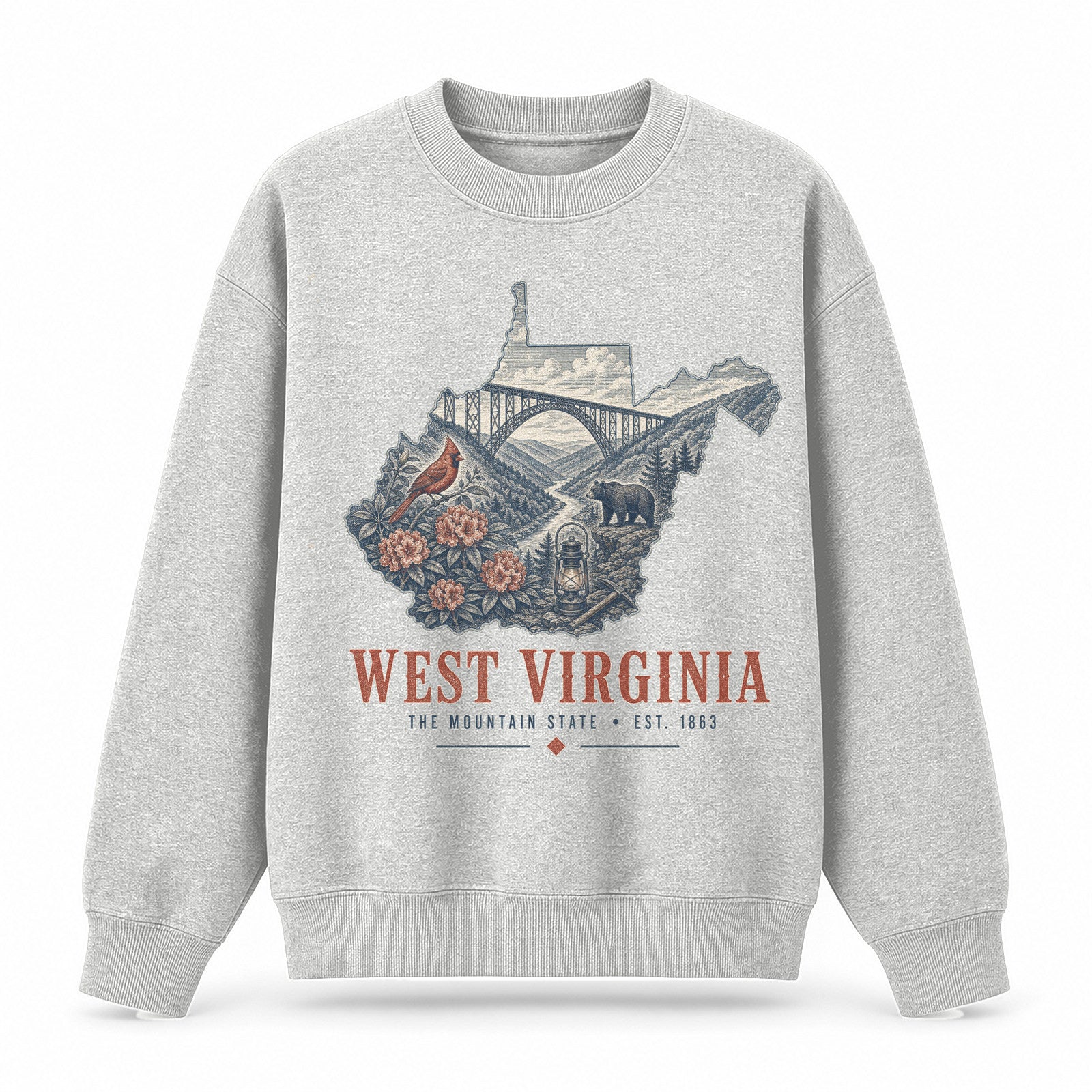 Vintage West Virginia State Graphic Crewneck Sweatshirt in Light Gray, front view on a white background