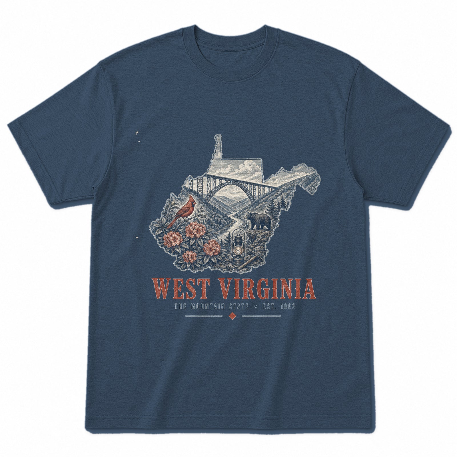 Vintage West Virginia State Graphic T-Shirt in Washed Navy, front view on a white background