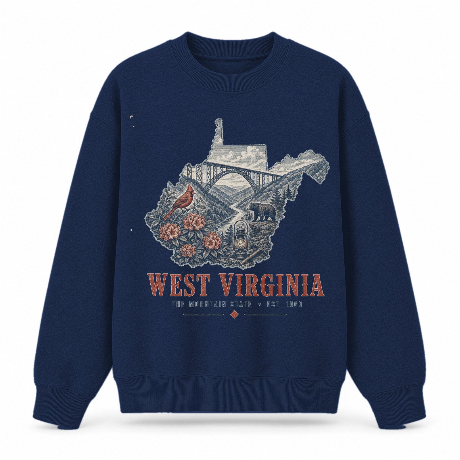 Vintage West Virginia State Graphic Crewneck Sweatshirt in Navy, front view on a white background