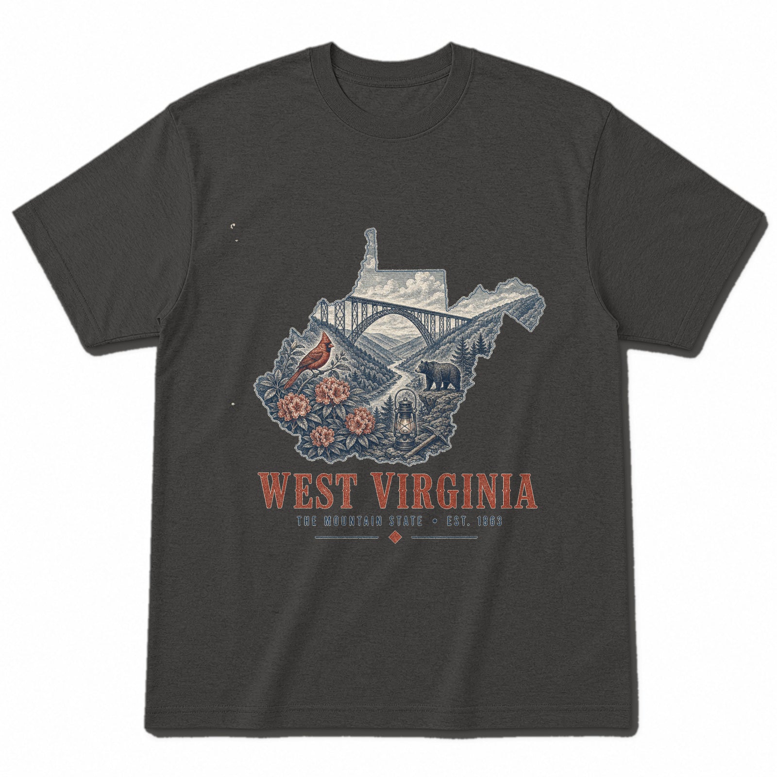 Vintage West Virginia State Graphic T-Shirt in Vintage Charcoal, front view on a white background