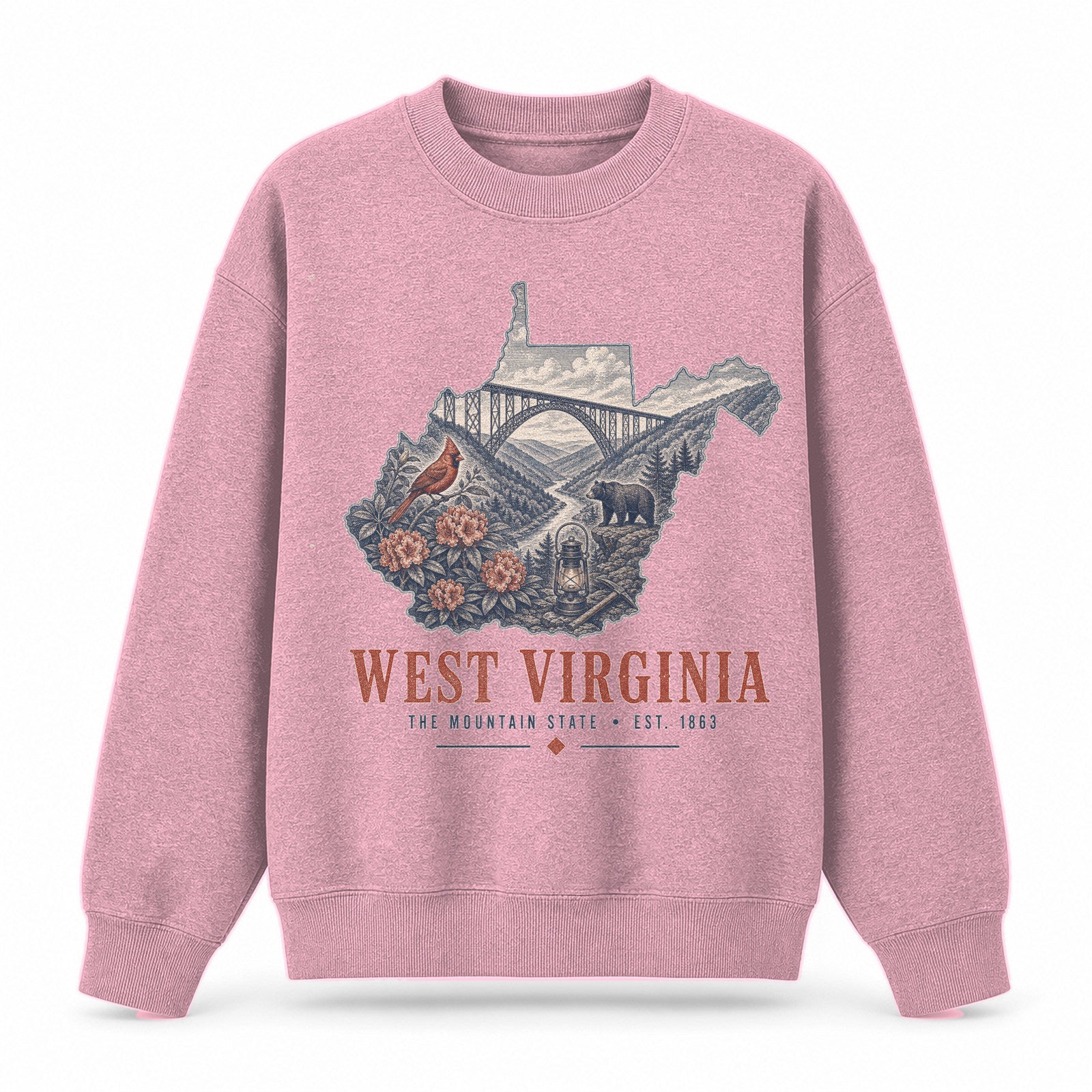 Vintage West Virginia State Graphic Crewneck Sweatshirt in Pink, front view on a white background